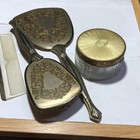 Victorian Style Vanity Dresser Set Gold Tone Brush  Mirror  Comb  Powder Jar