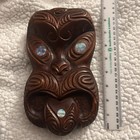 Vintage Maori Tiki Hand Carved Wooden Wall Hanging Paua Shell Eyes New Zealand