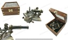 Brass Nautical Antique Style Astrolabe German Marine Sextant W mirror Wooden Box