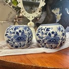 Vintage Pair Porcelain Tea Light Candle Holders Blue   White Chinoiserie Floral