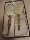 3 Piece Vanity Set Handheld Mirror Brush Comb Gold Tone Vintage Original Box 