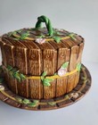 Majolica George Jones Brown Cake Plate dome Topper - Fence twig vine   Flowers