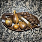 Vintage Wood Brown Decorative Fruit Set With Wooden Bowl Tray Grapes And Banana