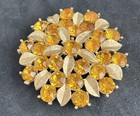 Flower Rose Amber Rhinestone Sarah Coventry Vintage Pin Brooch Gold Tone
