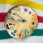 Vtg Native American Clock Drum Cow Hyde Wood Symbols - Works Artist    bun Bun   