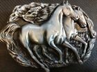     Western Steer Running Horses Antique Silver  Cowboy Rodeo Style     Belt Buckle