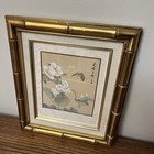 Vtg Hand Painted Asian Watercolor On Silk  Butterflies Flowers Bamboo Frame Boho