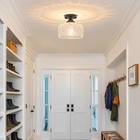 Vintage Matte Black Semi Flush Mount Ceiling Light - Etched Glass Shade Fixture