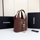 Women s Vintage Wine Red Quilted Calfskin Bucket Bag Gold Chain Decor Hand Purse