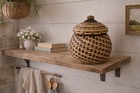 Vintage Handwoven 2 Tone Neutral Decorative Vase Basket W Lid Great Condition