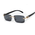 Men s Black Tint Rectangular Hip Hop Gold Frame Woodgrain Rimless Sunglasses