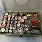 Vintage Sewing Notions Lot Thread Spools Coats Clark Talon Wrights Singer Box