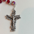 Vtg Rosary Beads Red Faceted Beads Aurora Borealis Floral Crucifix   Virgin Mary