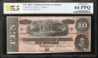 T-68 1864  10 Confederate Currency Pcgs 64 Ppq Civil War Ten Dollar Bill 41125