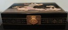 Vtg  Chinese Jewelry Box Carved Stone Jade Black Lacquered 12 5 X8 5x3 5
