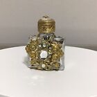 Vintage Miniature Glass Perfume Bottle Ornate Brass Filigree Jeweled With Dauber