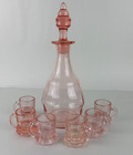 Vintage Depression Glass Optic Liquor Decanter W  6 Whiskey Cups Shot Glass Pink