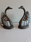 Tiffany Style Swan Leaded Glass Lamp Brass Night Light Accent Electric 8 5  Vtg
