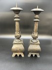 Pair Antique Gothic Brass Pricket Candlesticks 15 Inch Heavy 8pounds Each Patina