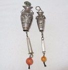 2 Antique Chinese Silver Needle Holder Pendants W  Carnelian Agate Beads  46 8g 