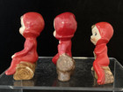 Vintage Set Of 3 Ceramic Pixie Elves In Red Sitting On Tree Stumps Japan 1950s