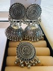 Oxidized Silver Jhumka Earrings And Ring      Traditional Boho Statement Dangle 