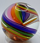 Rolf Wald Marble 1999 Studio Art Glass 1 5  Rainbow   Gold Swirl Signed