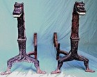 Pair Of Arts crafts 19th Century Wrought Iron Dragon Head Andirons On Human Feet