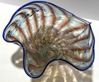 Signed Mellon Studio Art Glass Ruffled Bowl     Vintage Hand Blown Cobalt Blue Rim