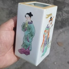 Rare Chinese Collectable Art Hand Famille Rose Porcelain Figure Brush Pot