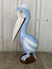 Blue Wash Pelican On Piling Hand Carved Wood Tropical Sculpture Bird Decor
