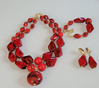 Statement Jewelry Set Red Marbled Resin Geometric Beads Necklace Bracelet Ears