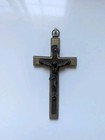 Vintage Brass Metal Ebonized Wood Inset Crucifixion Jesus On Cross
