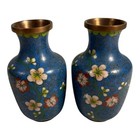 Antique Chinese Brass Cloisonne Blue Painted Floral Vases - Set Of Two