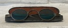 Antique 1800s Eyeglasses Green Lens Brass W  Original Metal Case Folding Arms