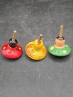 Lot Of 3 Vintage Wooden Spinning Tops 2-children 1-chick About 1-1 2 Inch Tall