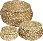 Set Of 3 Small Wicker Basket With Lid  Round Woven Seagrass Baskets  Little