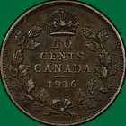 1916 Canada Ten Cent Silver Dime King George V Almost Uncirculated Au Coin