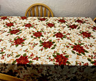 Vtg Christmas Tablecloth 53  X 70  Red Poinsettias Holly Berries Gold Swirls