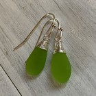 Min Favorit Apple Green Sea Glass Teardrop   Silver Pl Artisan Wrap Earrings