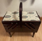 Vintage Fold Out Accordion Style Wooden Sewing Box Padded Tapestry Top