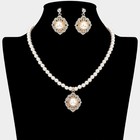 Vintage Pearl Pendant Necklace   Drop Earring Set Cream Gold Crystal Bridal Jewe