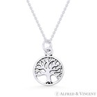 Tree-of-life Charm 11mm Circle Pendant   Chain Necklace In  925 Sterling Silver