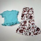 Kids  Two-piece Outfit With  heifer Please  Ruffle Top And Patterned Bell Bottom