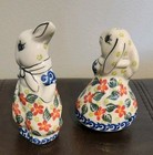 Polish Pottery Bunny Rabbit Salt Pepper Shakers Hand Painted Floral Design