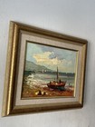 Cool Antique Mid Century Modern Boat Landscape Oil Painting Old Vintage Seascape
