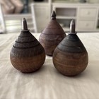 3 Vintage Wooden Spinning Tops     Primitive Lathe Turned Toy Tops W  Metal Tips