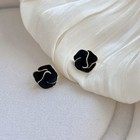 Black Enamel Rose Flower Gold Plated Lines Outline Ladies Daily Studs Earrings 
