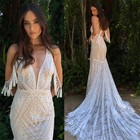 Boho Sheath Wedding Dresses V-neck Sleeveless Lace Applique Tassels Bridal Gown