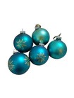 5 Vintage Shiny Brite Usa Teal Ornaments Star Starburst Gold Glitter In Box 
